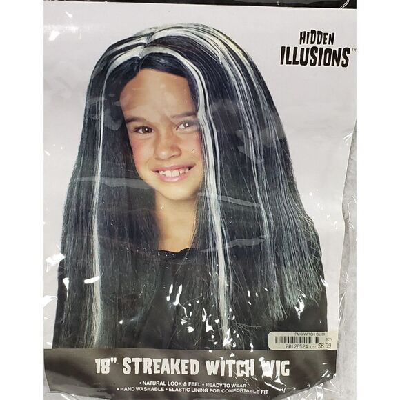 Child Costume Witch Wig Black w/White Streak Halloween Costume Play Party - Picture 5 of 5